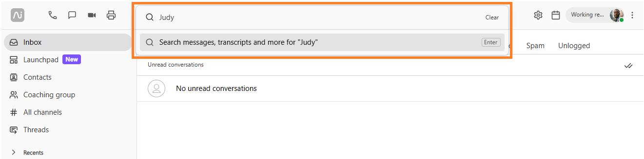 Screenshot of the Dialpad web interface with an orange box highlighting the top search bar, displaying the typed query "Judy" and a search prompt below it.
