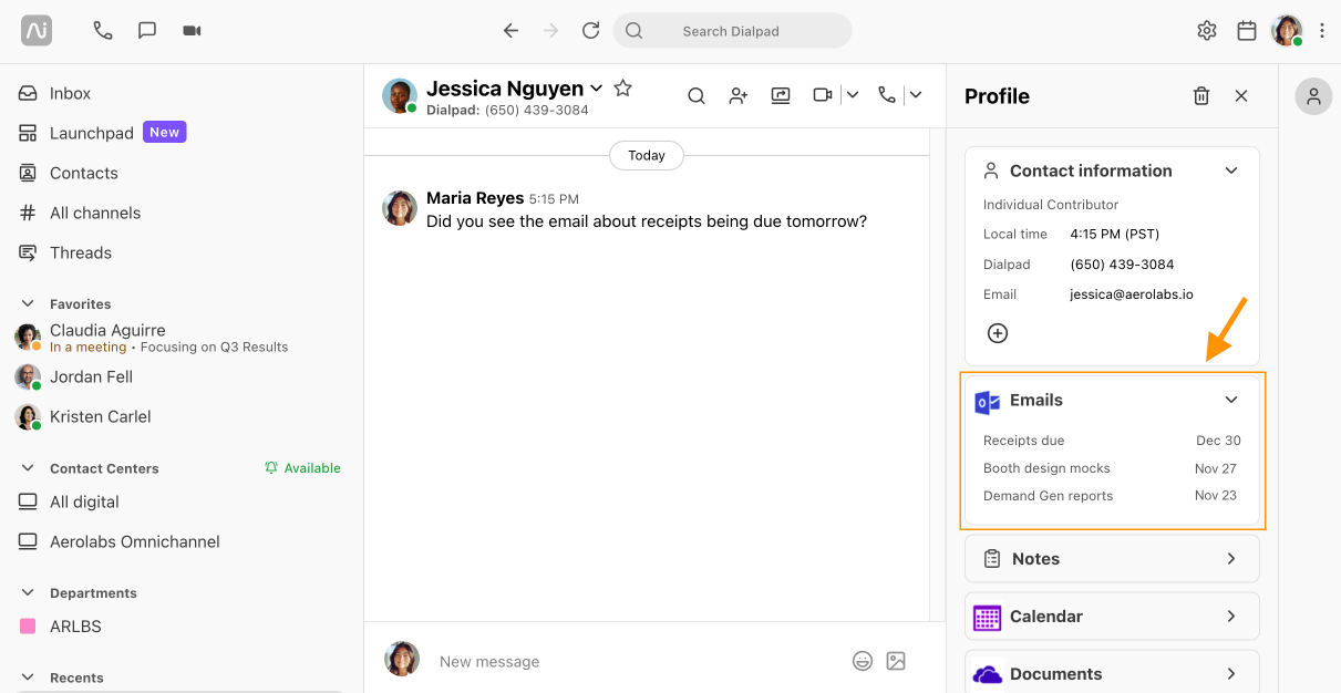 Screenshot of the Dialpad web app interface displaying a conversation thread alongside a right-hand Profile sidebar, featuring an orange box and arrow highlighting the Emails section showing shared emails with subject lines and dates.