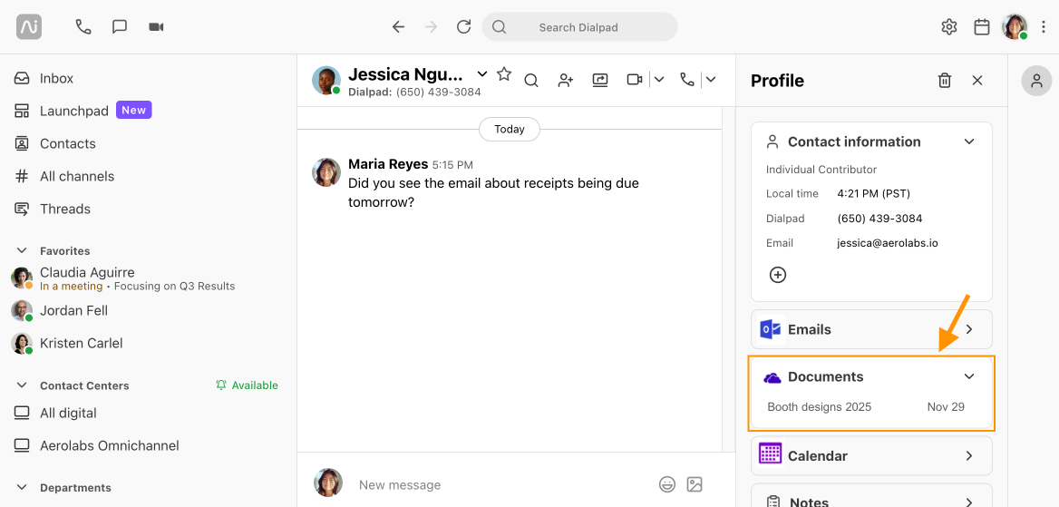 Screenshot of the Dialpad web app interface displaying a conversation thread alongside a right-hand Profile sidebar, featuring an orange box and arrow highlighting the Documents section showing shared files with titles and last edited dates.