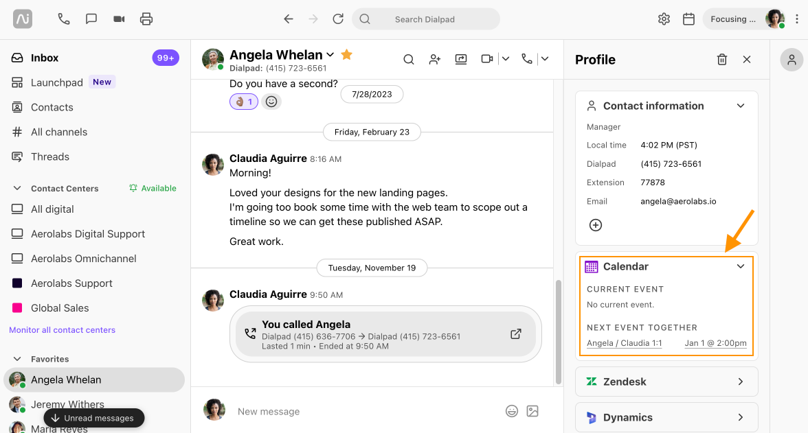 Screenshot of the Dialpad web app interface displaying a conversation thread alongside a right-hand Profile sidebar, featuring an orange box and arrow highlighting the Calendar section showing current and upcoming shared events.