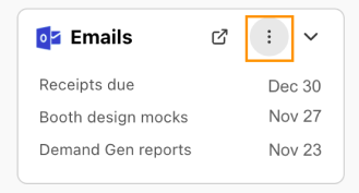 Screenshot of an Emails integration card in the sidebar, featuring an orange box highlighting the three-dot options menu icon next to the section title.