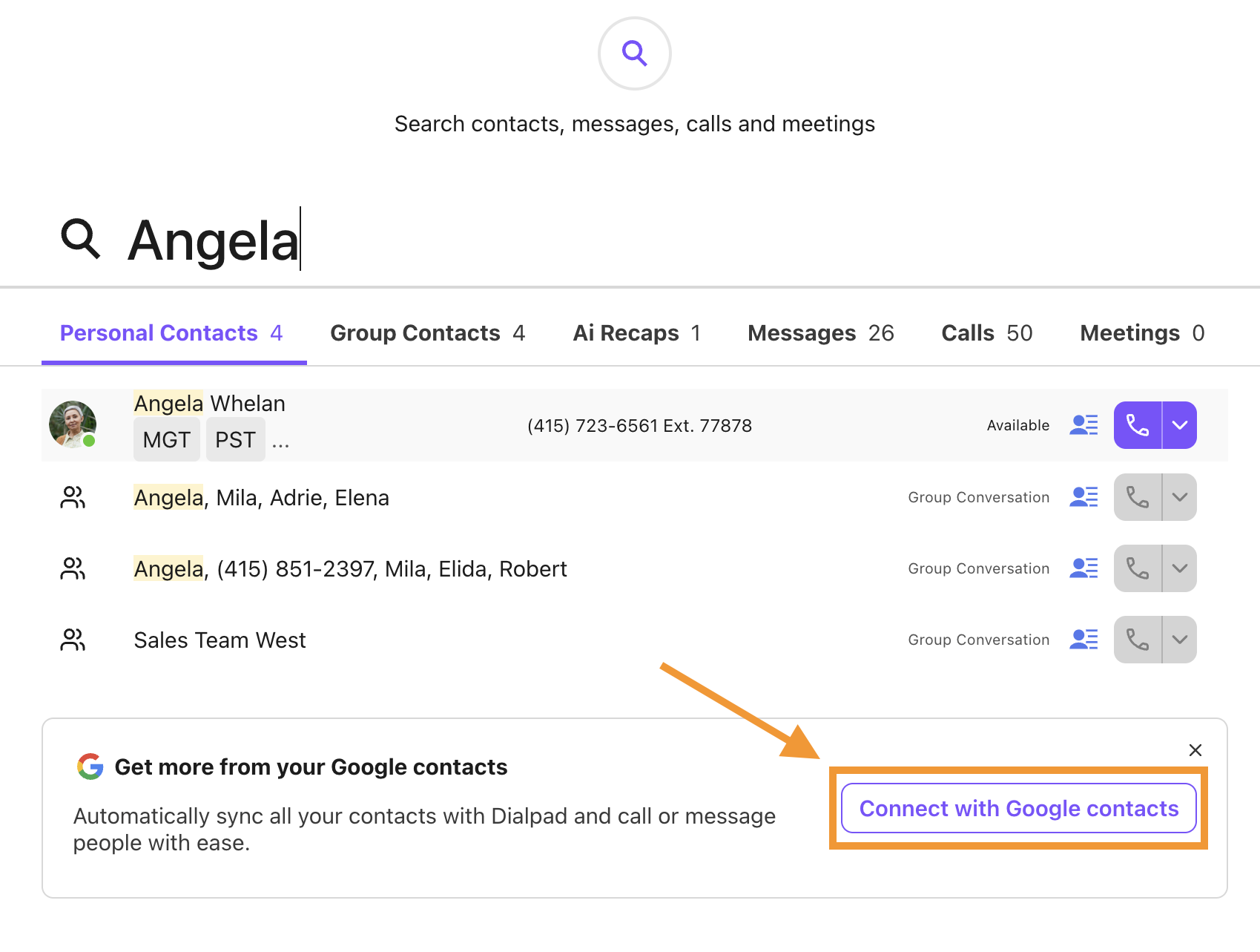 Screenshot of the Dialpad web interface with an orange box and arrow highlighting the main search bar, displaying the typed search query "Angela" alongside a drop-down menu of contact and message search results.