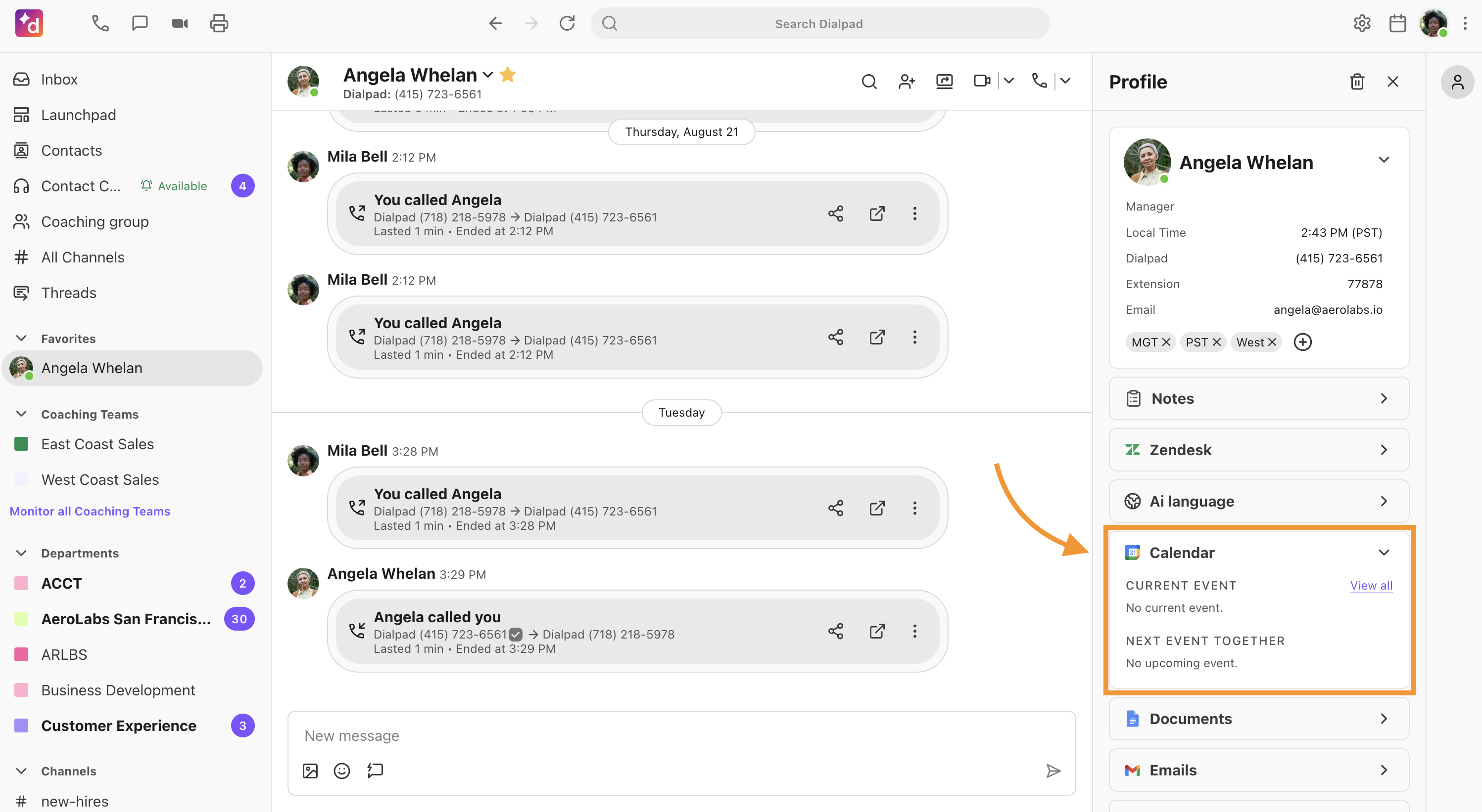 This is a conversation thread with a contact. It shows the sidebar of integrations. The Google Calendar integration is open and highlighted.
