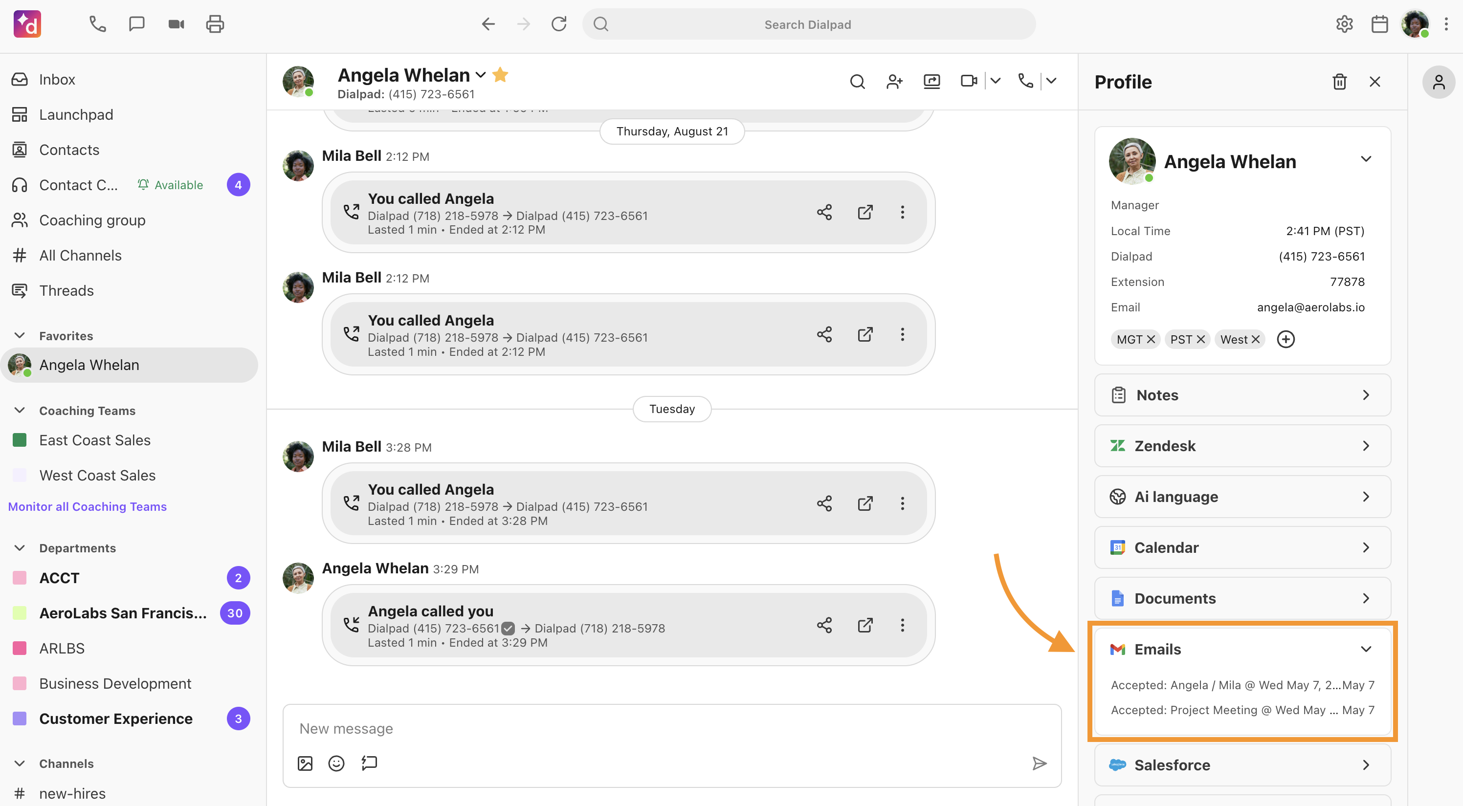 This is a conversation thread view with a contact. The sidebar with integrations is open. The Emails integration is open and highlighted.