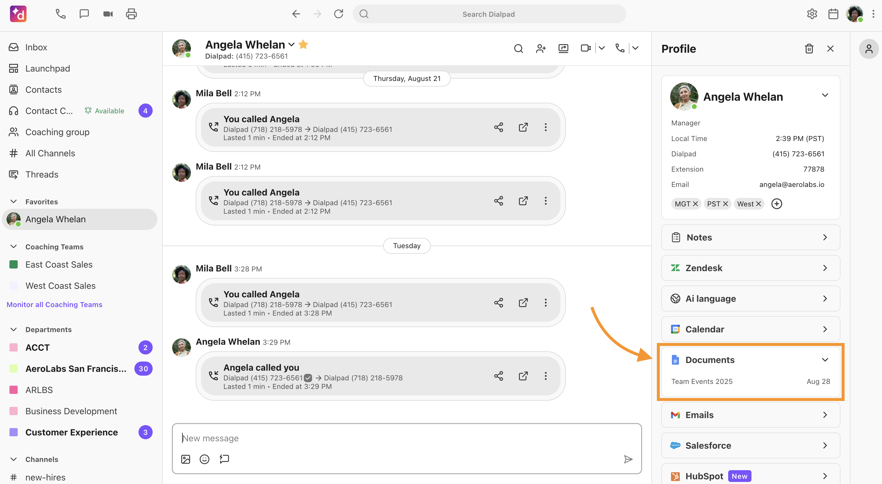 This is a conversation thread. The sidebar is open and shows integrations. The Documents integration is open and highlighted.
