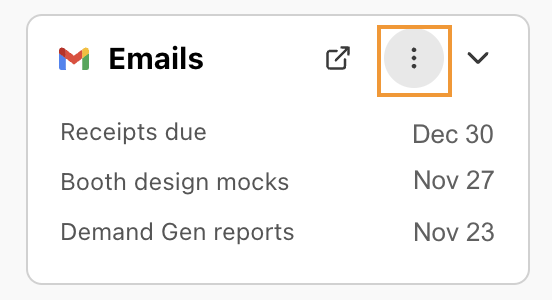 Screenshot of a Gmail Emails integration card in the sidebar, featuring an orange box highlighting the three-dot options menu icon in the upper right corner next to the expand arrow.