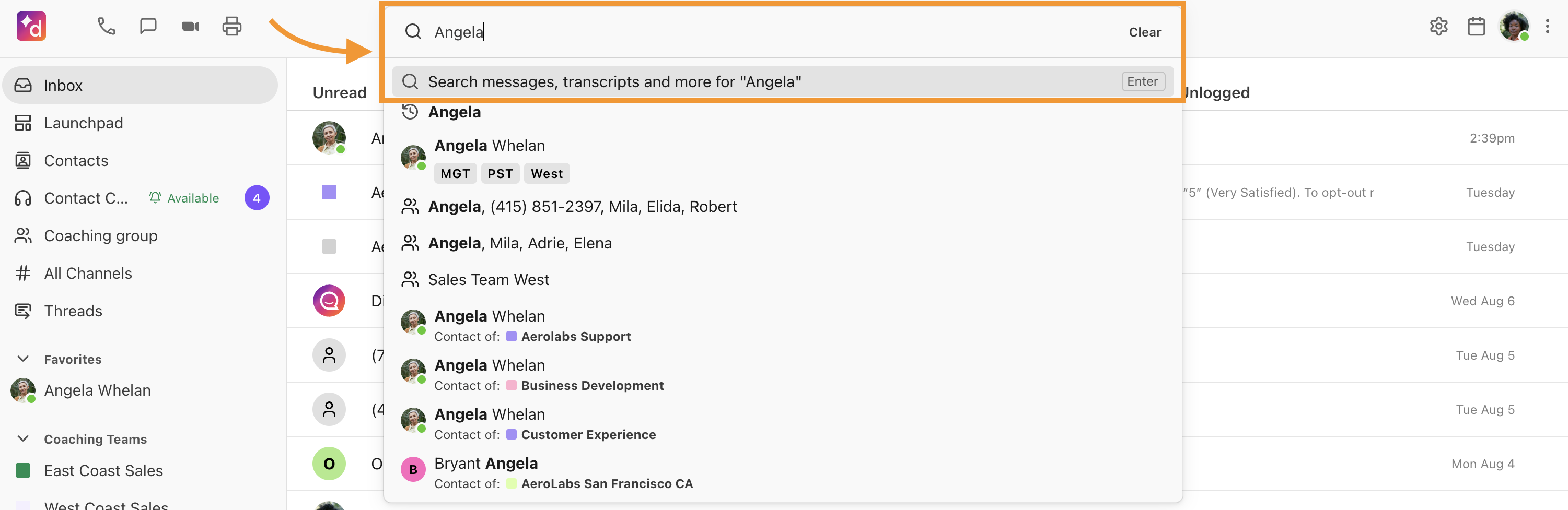 Screenshot of the Dialpad web interface with an orange box and arrow highlighting the main search bar, displaying the typed search query "Angela" alongside a drop-down menu of contact and message search results.