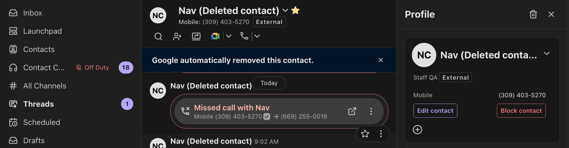 Screenshot of the Dialpad web app interface in dark mode displaying a contact tagged as "Nav (Deleted contact)", featuring a top notification banner stating "Google automatically removed this contact."