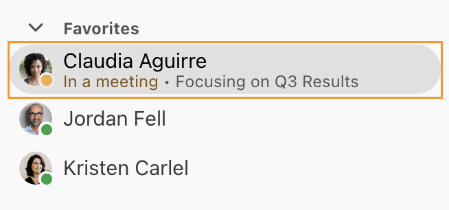 Screenshot of the Dialpad Favorites sidebar section featuring an orange box highlighting a contact named Claudia Aguirre, whose status is set to "In a meeting • Focusing on Q3 Results" with a yellow presence indicator dot.