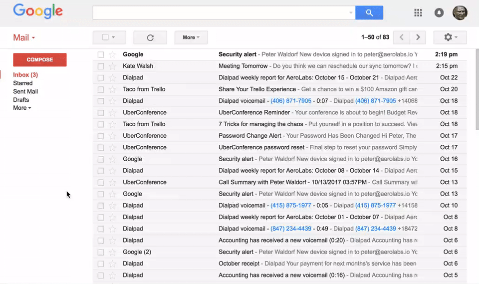 Animated GIF showing the Gmail inbox interface with various email threads, demonstrating where users can launch the Dialpad Gmail Add-on to pull up saved Dialpad contacts and view caller details directly alongside their emails.