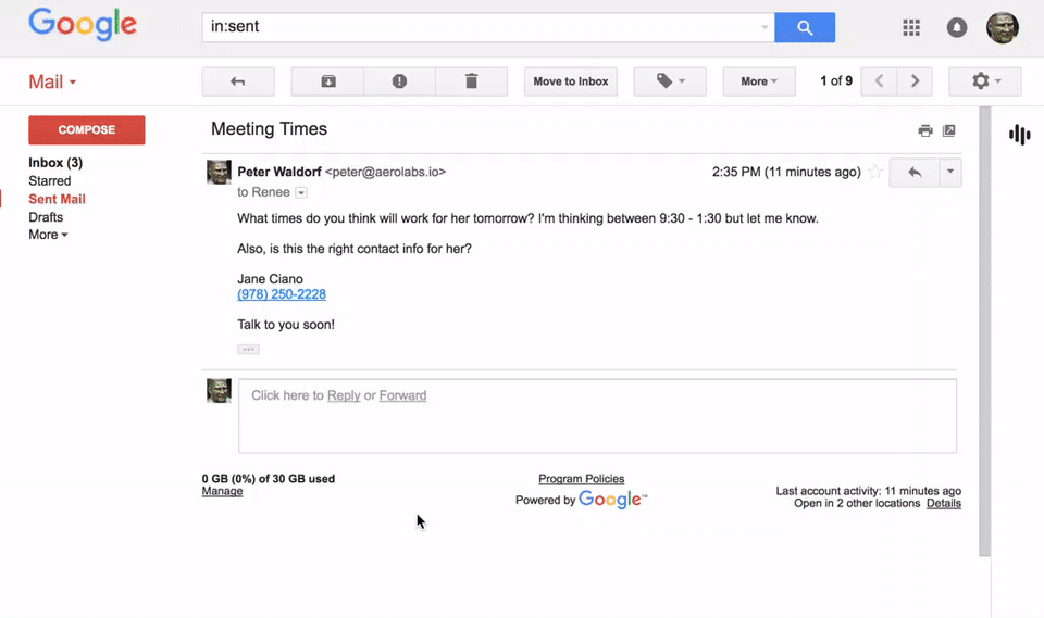 Animated GIF demonstrating the Dialpad Gmail Add-on sidebar, showing a user opening an email thread titled "Meeting Times" and interacting with the Dialpad icon on the right sidebar to initiate a call directly to a contact listed in the email body.