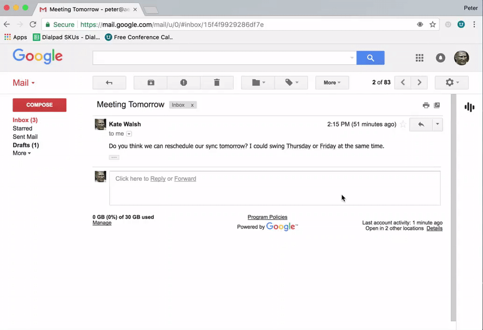 Animated GIF showing the Dialpad Gmail Add-on in action within Gmail, where a user opens an email thread titled "Meeting Tomorrow" and clicks the Dialpad icon on the right sidebar to open options for sending a text message directly to the contact.