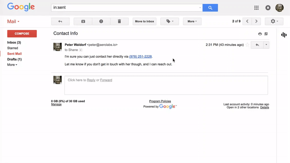 Animated GIF demonstrating the Dialpad Gmail Add-on in action within Gmail, showing a user opening an email thread titled "Contact Info" and clicking the Dialpad sidebar icon to view recent call and text conversation history with a contact.
