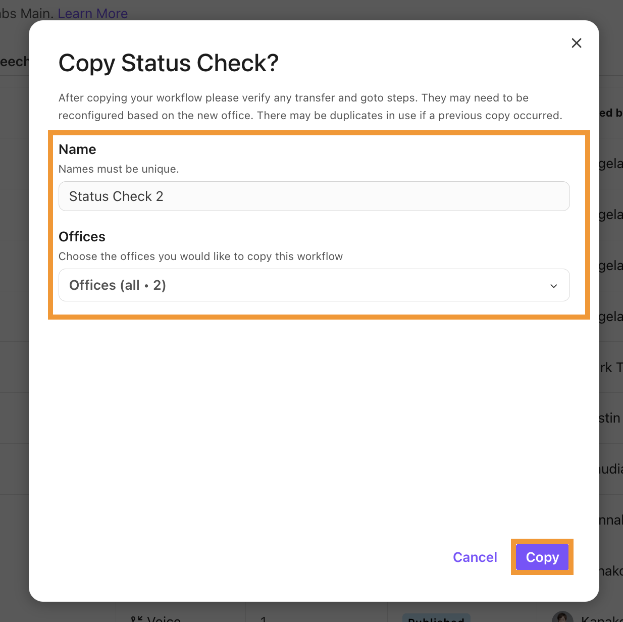 Modal window for copying a workflow, featuring input fields to specify the new workflow name and select up to 10 target offices.