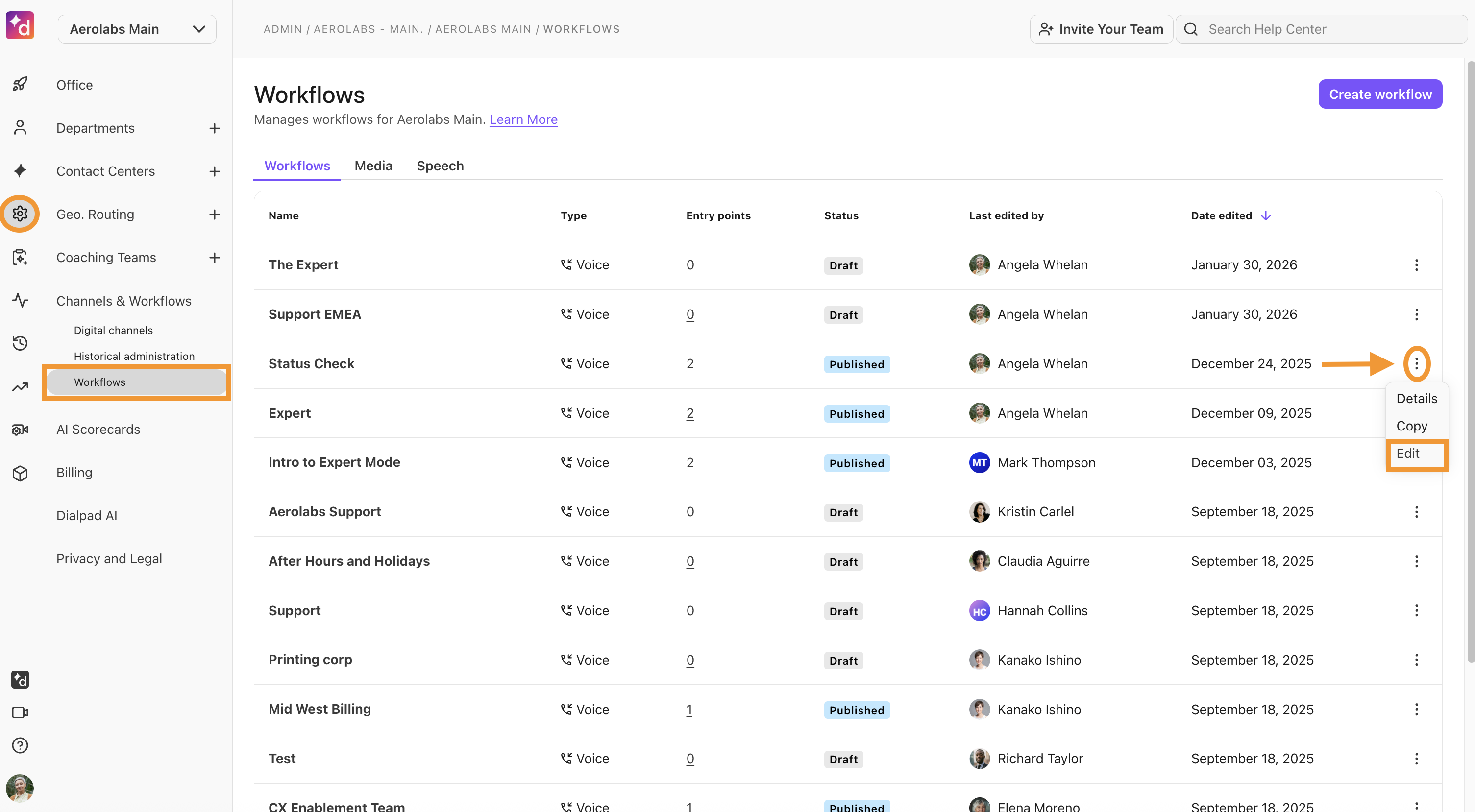 Dialpad Admin Settings > Workflows page with Edit option highlighted.
