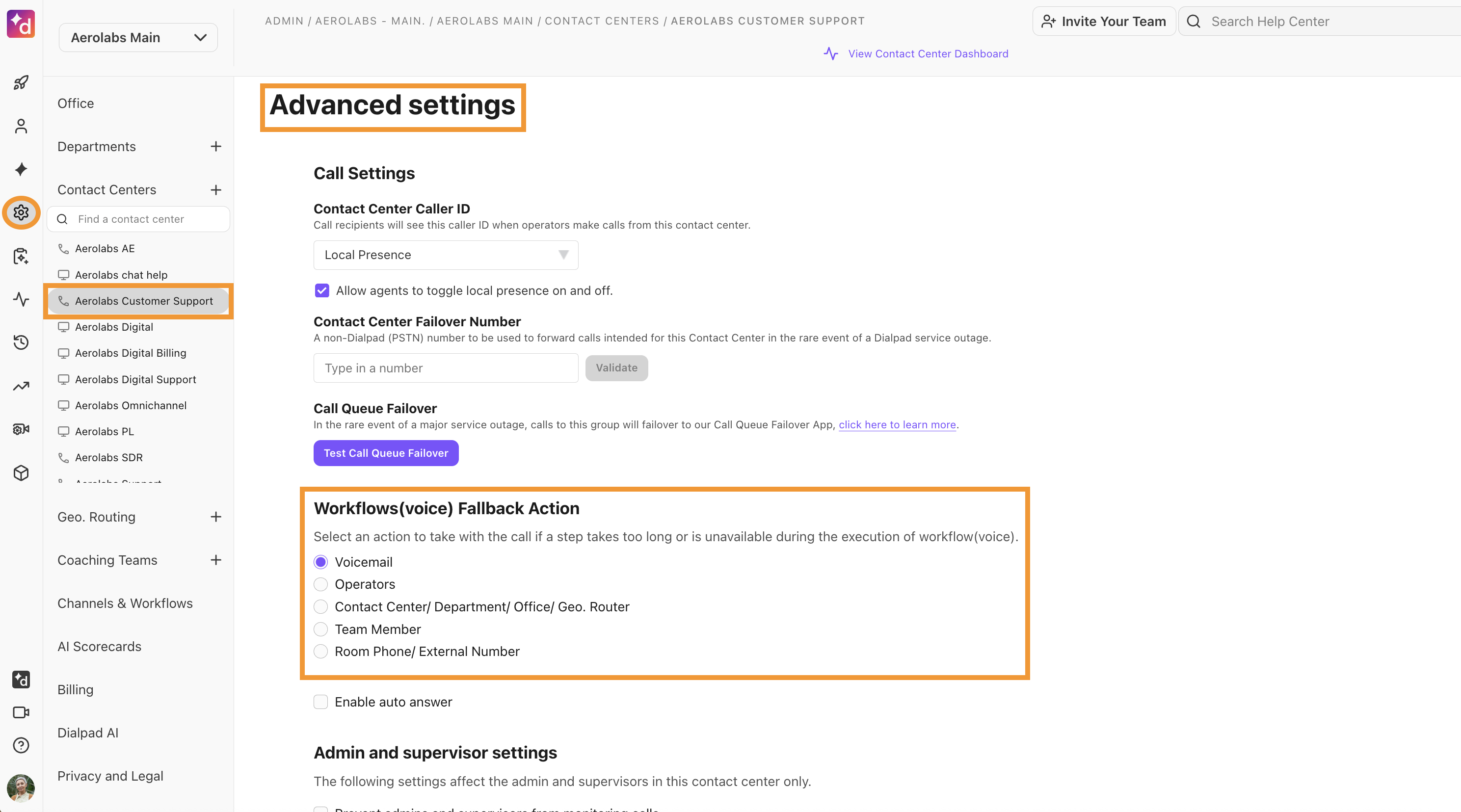 The Advanced Settings panel for a Dialpad Contact Center showing configuration options for Workflow (Voice) Fallback Action, including options like Voicemail, Operators, and Team Members.