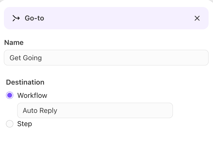 Settings panel for a Go-To workflow step, displaying destination selection options to link a shared workflow to the current workflow path.
