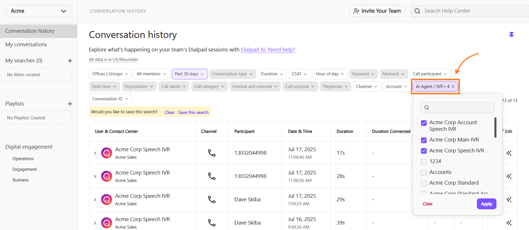 Conversation History page with AI Agent/IVR filters selected.
