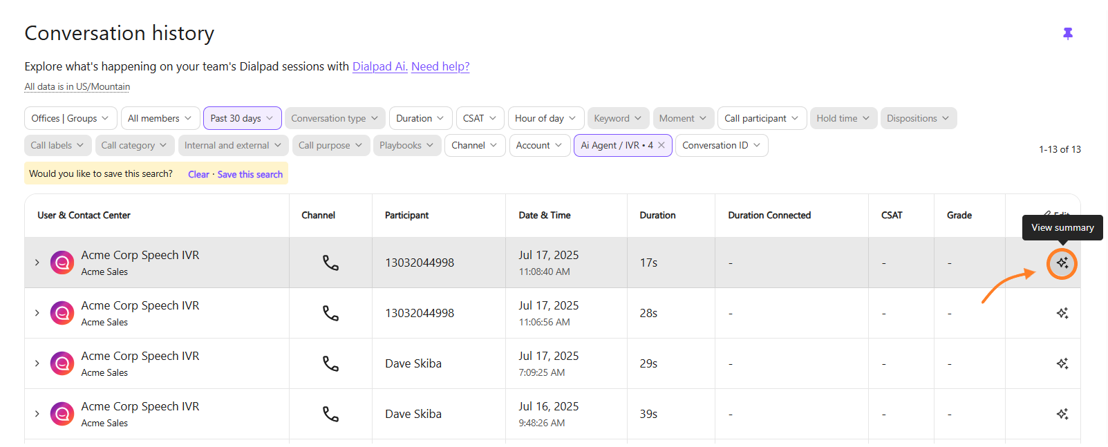 Conversation History page with View Summary icon highlighted.