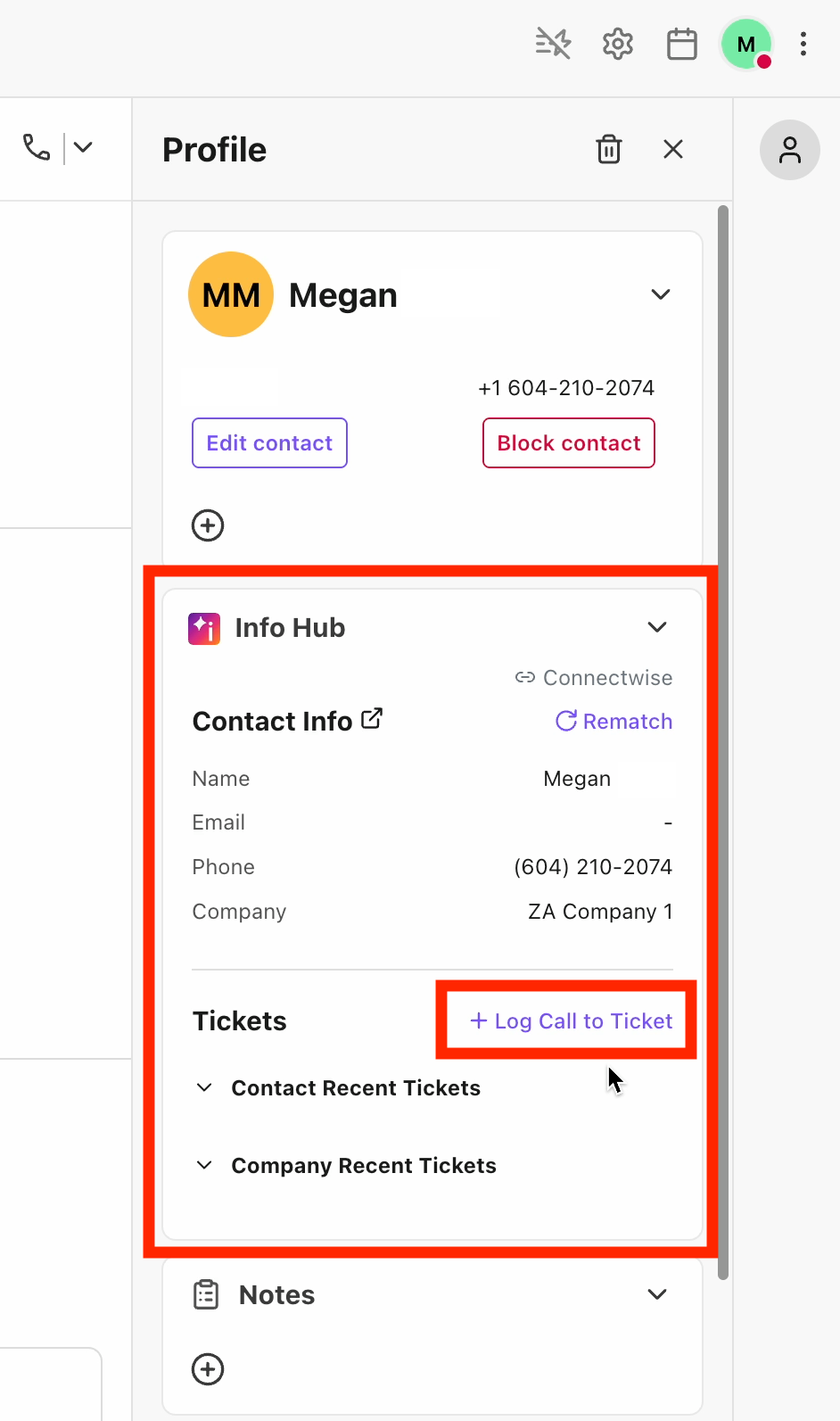 View of a ticket in ConnectWise. The option to log the call as a ticket is highlighted.