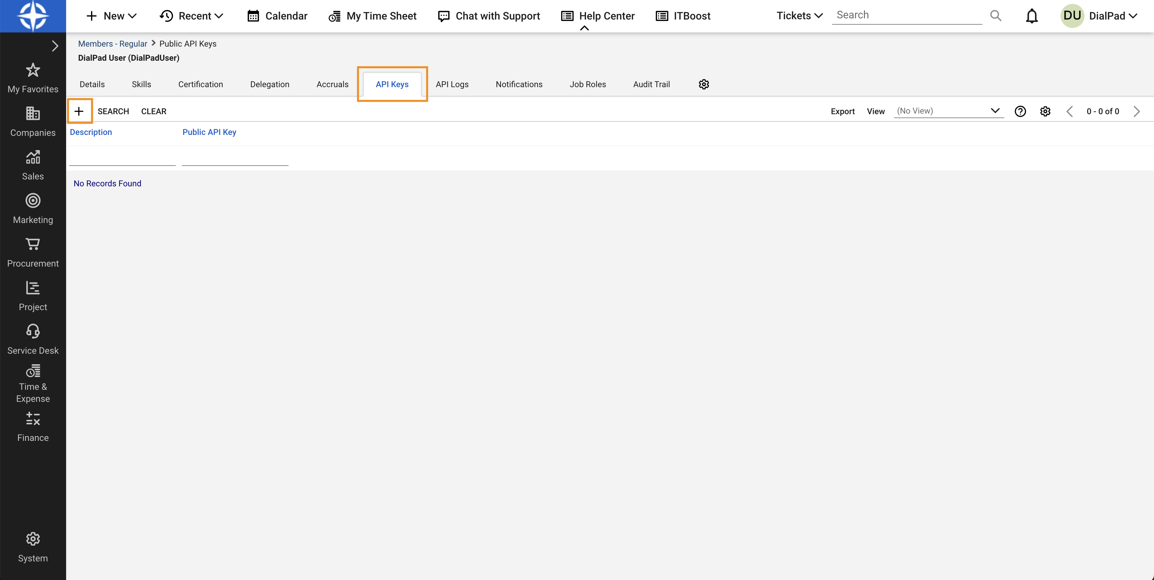 Screenshot of the ConnectWise PSA interface showing an API member record, featuring orange boxes highlighting the "API Keys" tab and the plus icon (+) to create a new key.