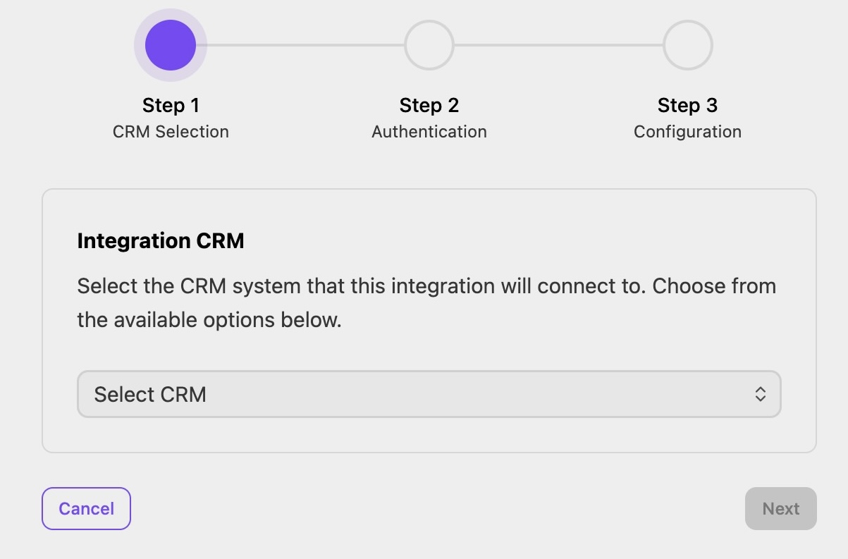 View of setting up your Filevine integration. You have the option to select which CRM you want as the first step of the configuration.