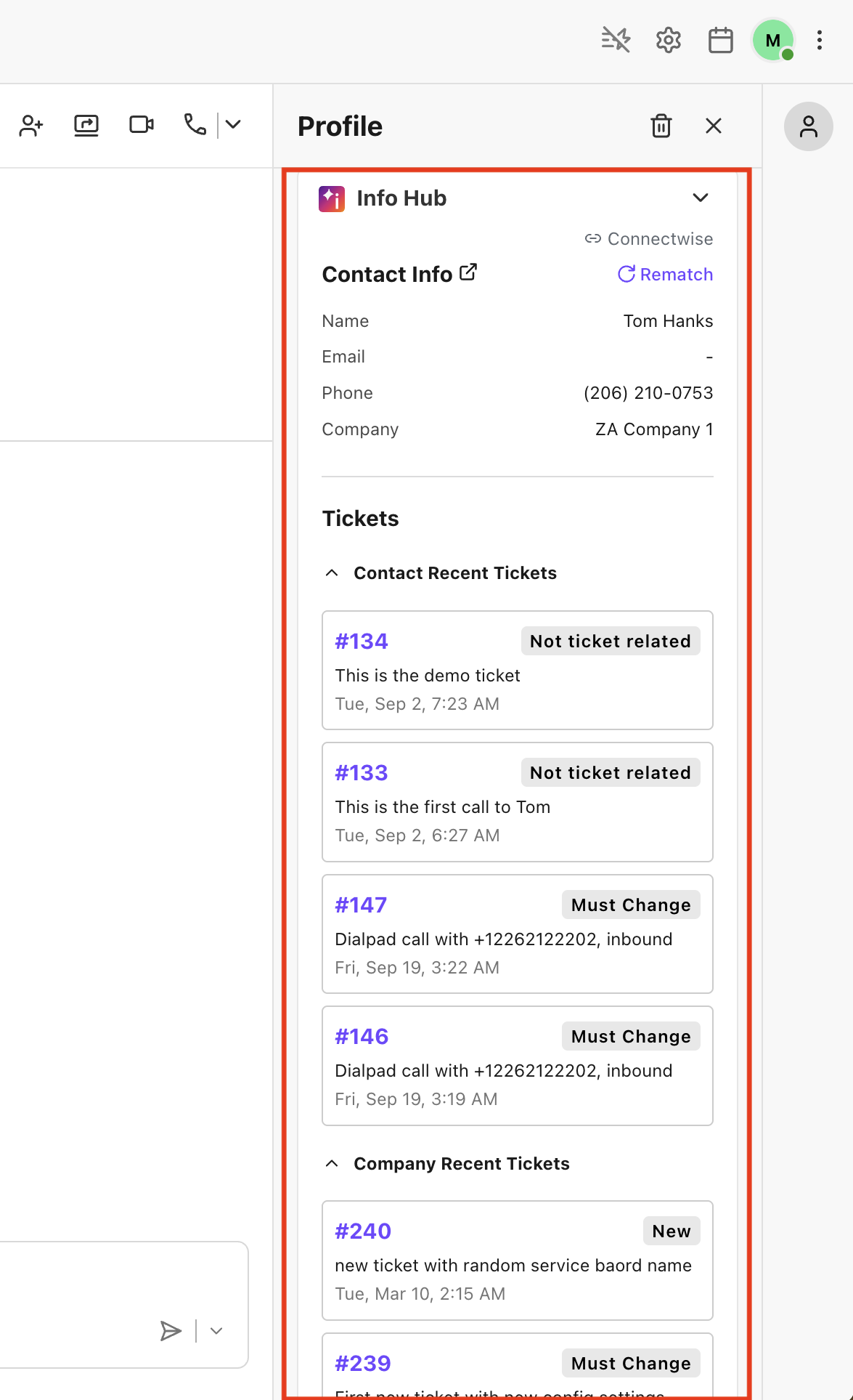 View of listed tickets in the ConnectWise widget in the skinny bar.