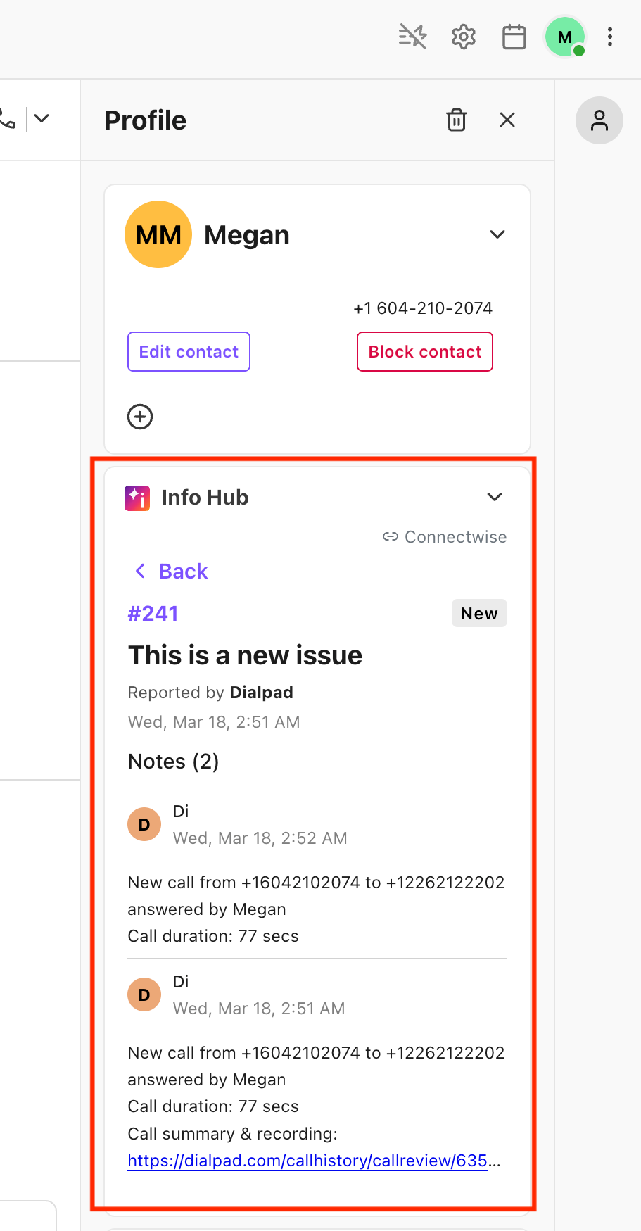 Ticket details are shown in the ConnectWise widget in the skinny bar.
