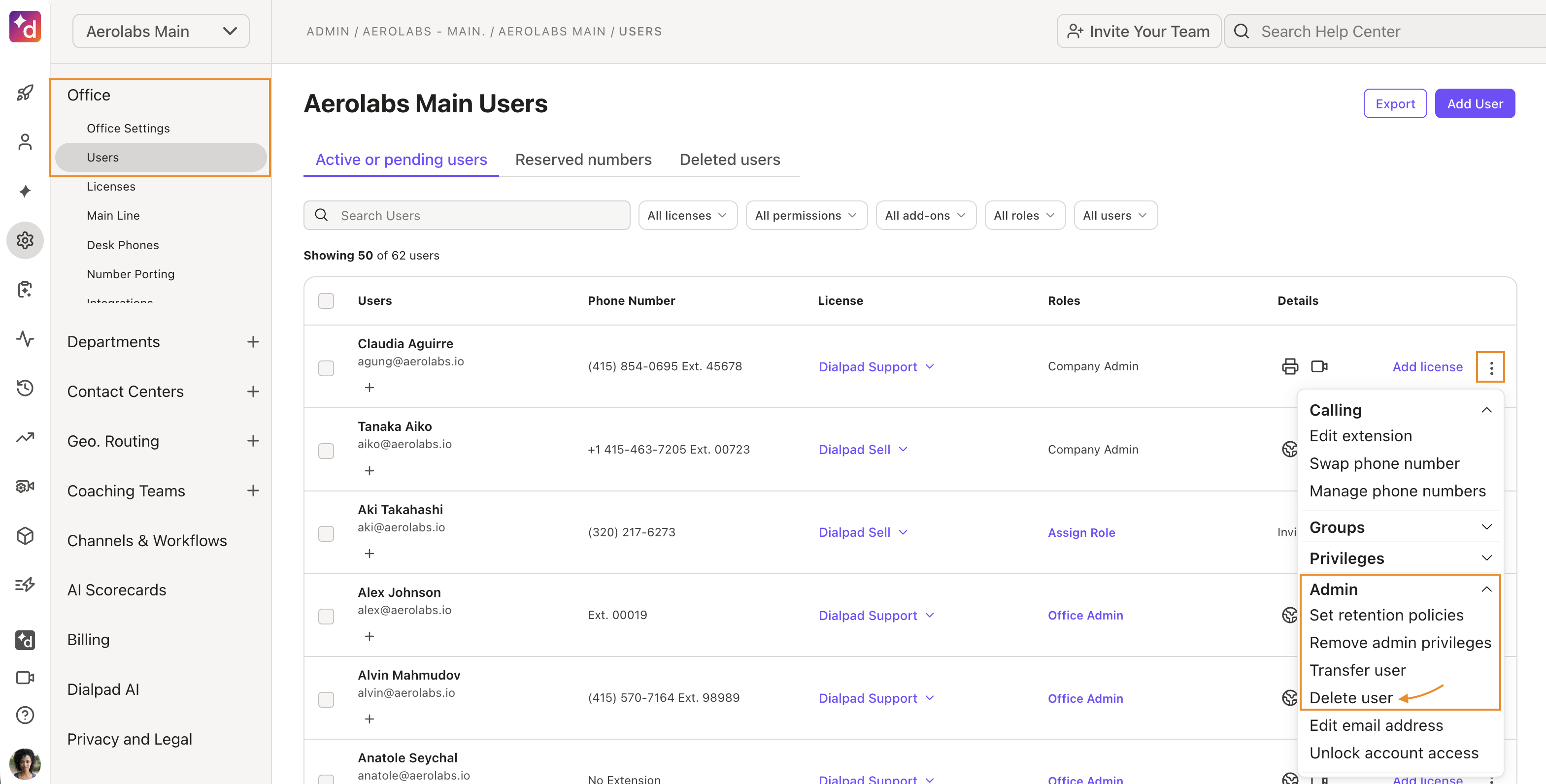 Dialpad Admin Settings> Offices> Users page. Options select and Delete User option highlighted.