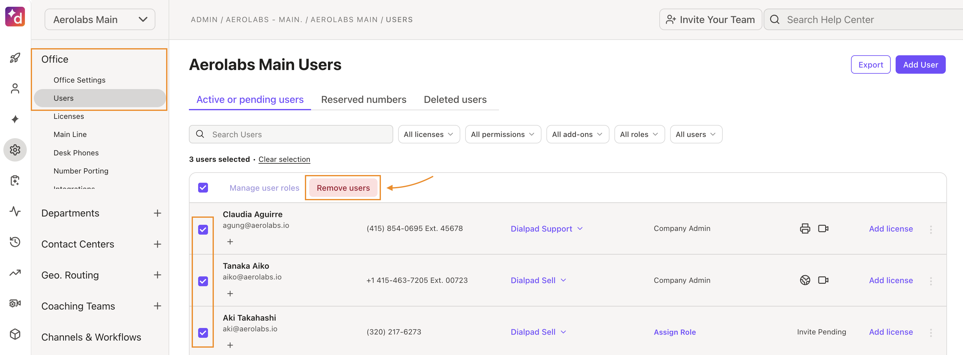The "Deleted Users" tab in Dialpad Admin Settings displaying a list of users deleted within the 72-hour grace period, with the "Restore" action selected from the user's Options menu.