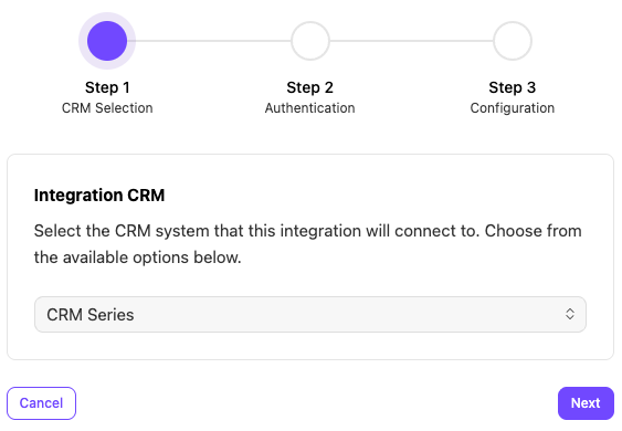 CRM Series integration set-up window. The option to select a CRM is shown.