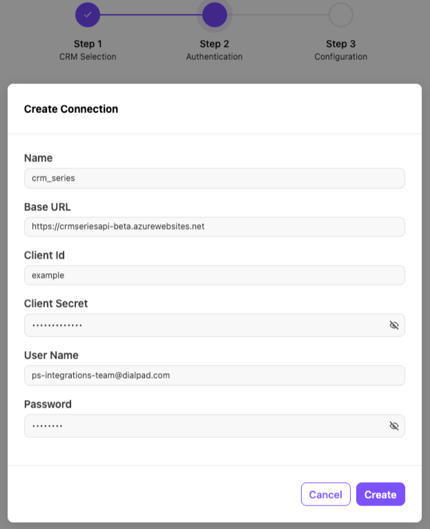 View of the new connection window for the CRM Series integration. Various fields are shown that are required to be filled in.