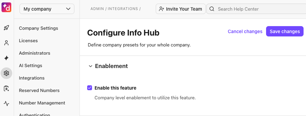 View of the Info Hub settings page, with the option to enable the feature shown.
