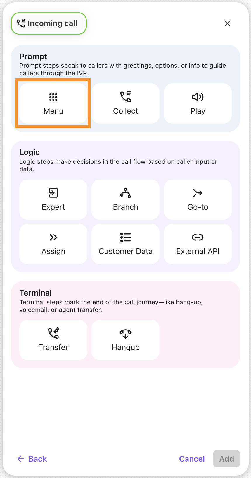 "A view of options to choose when adding a step to a blank workflow."