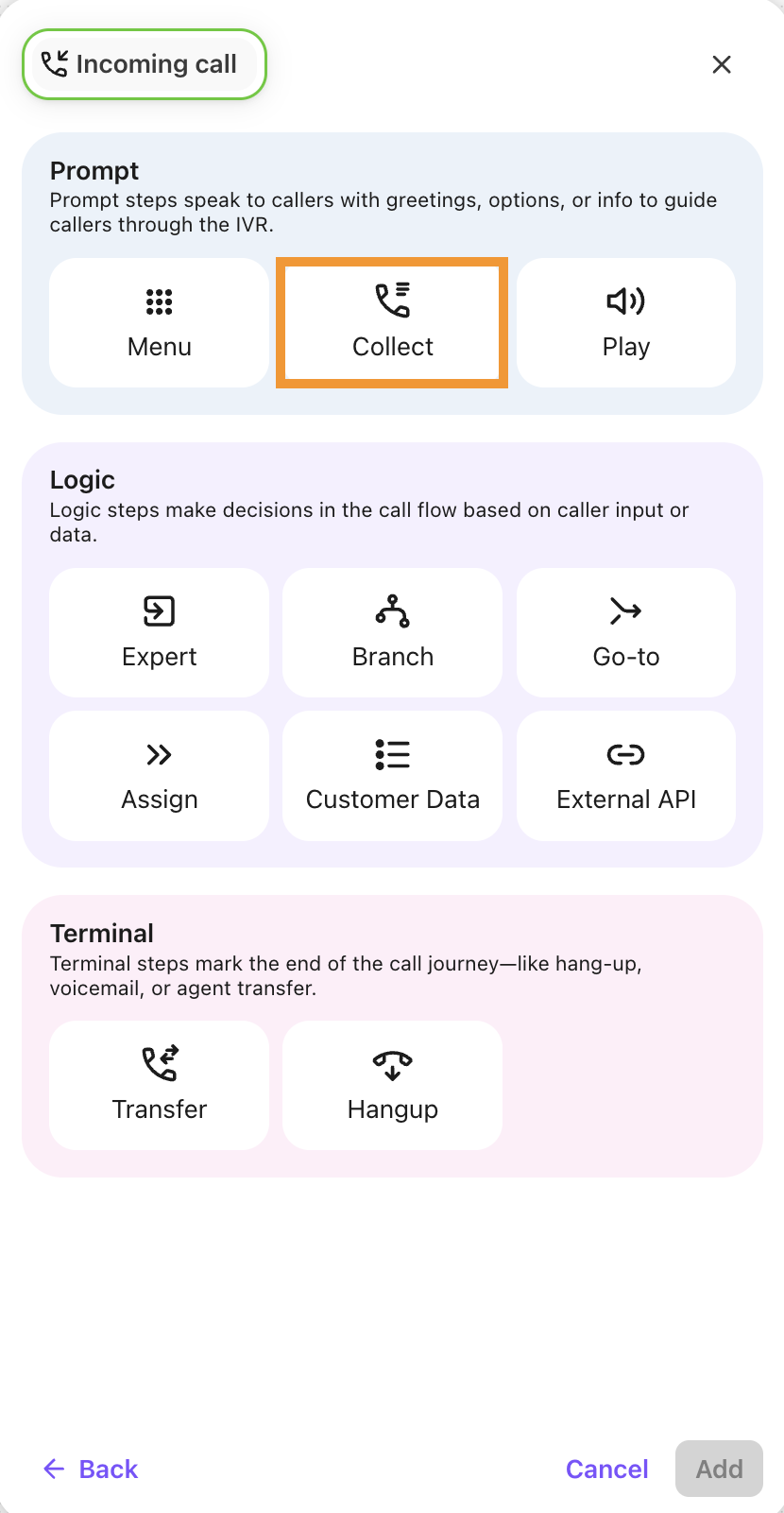 A view of options to choose when adding a step to a blank workflow.
