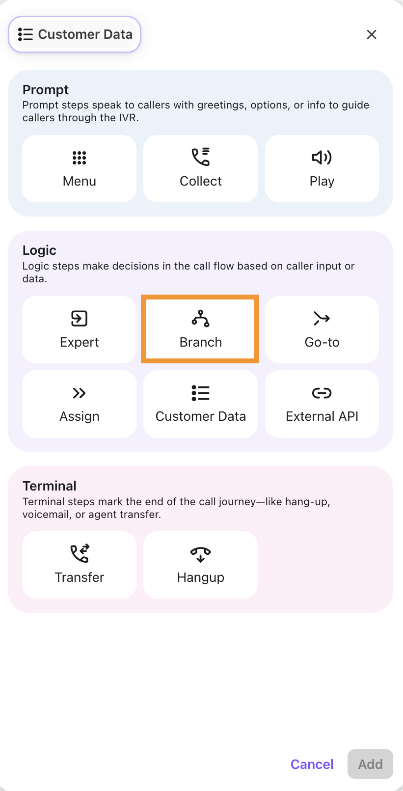 A view of options to choose when adding a step to a blank workflow.