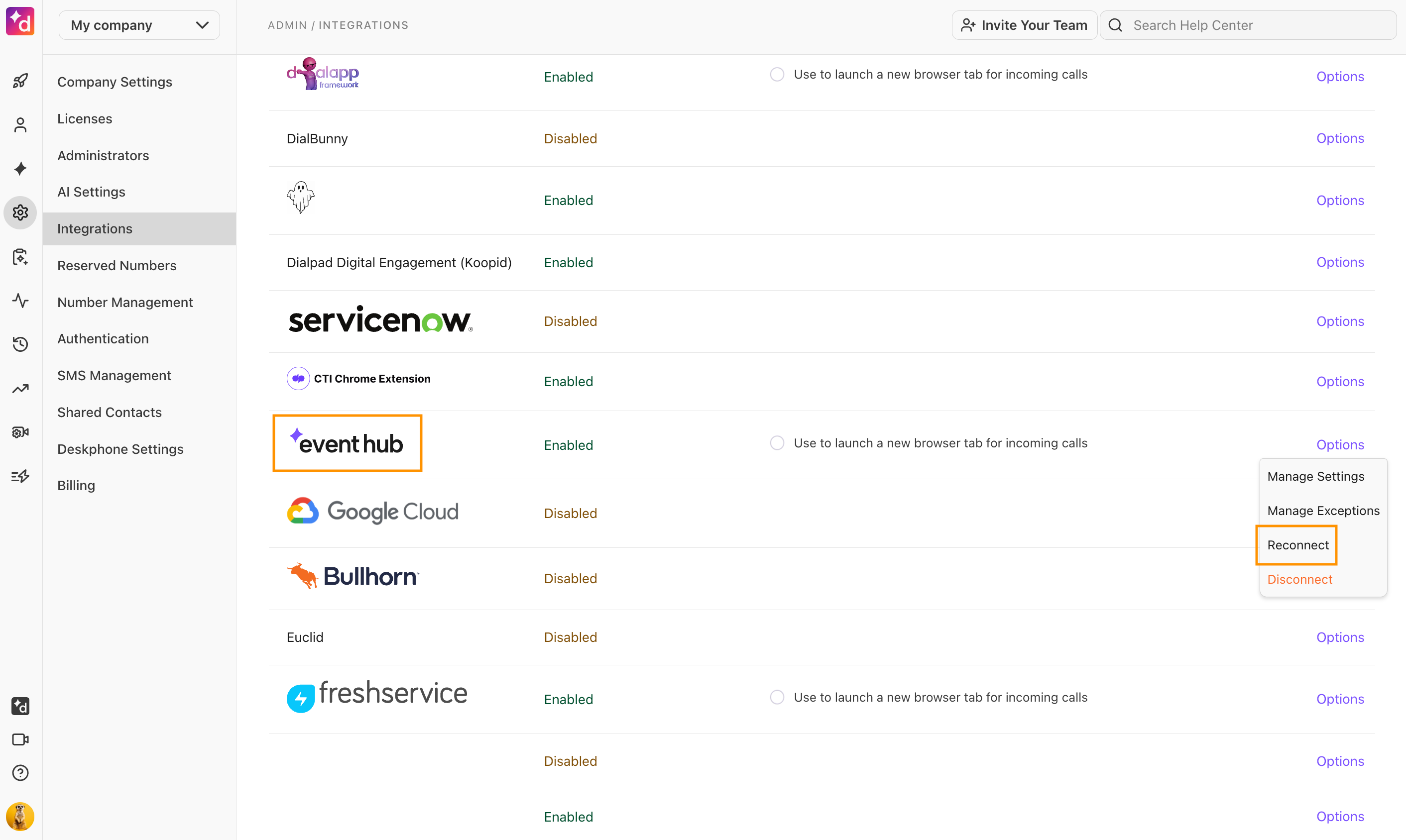 View of the Integrations page, with different integrations listed that are available at the company level.