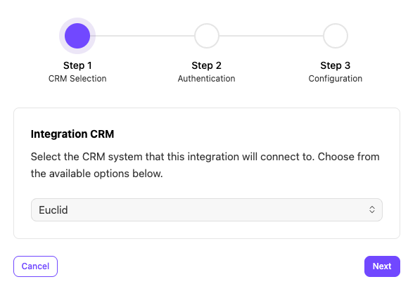 View of option to select Euclid as the CRM.