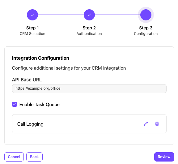 View of the completed integration setup configuration. The option to review the configuration is shown.