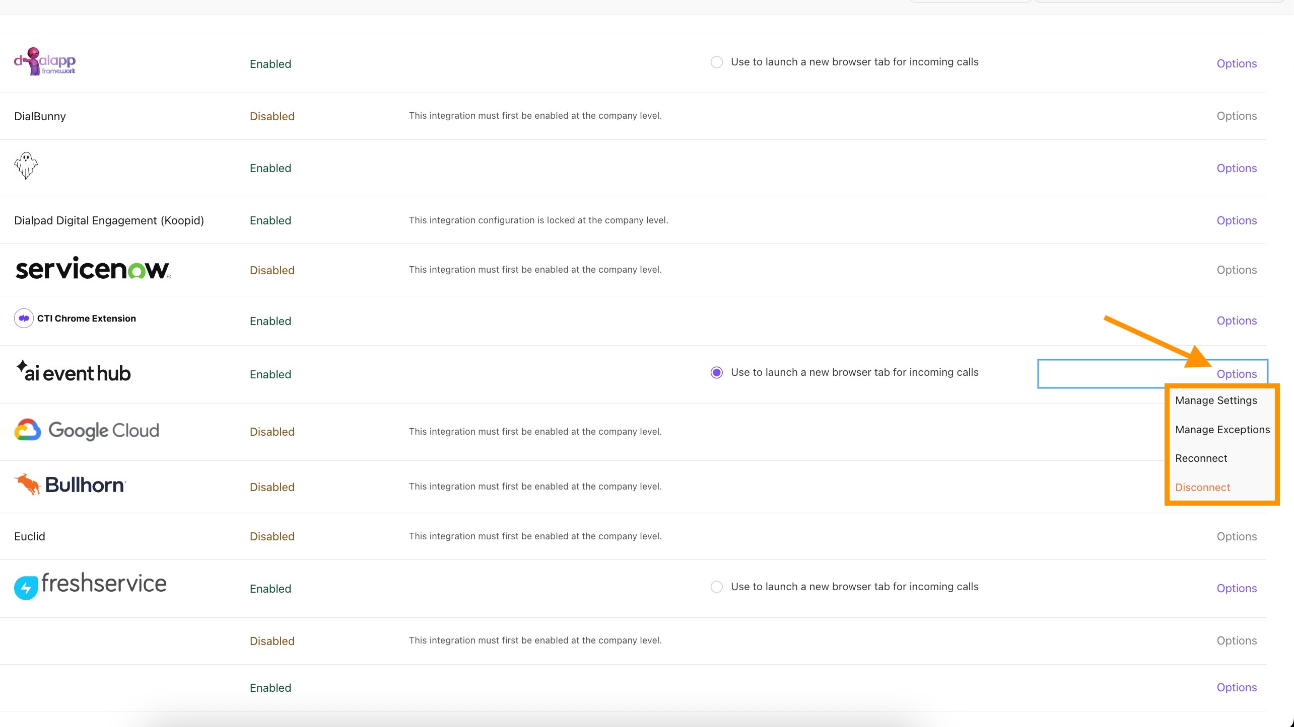 View of the integrations list page. The options for AI Event Hub are highlighted.