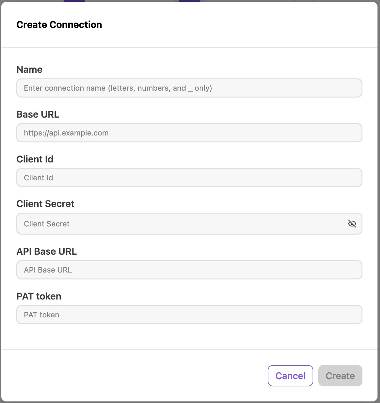 View of the Create Connection window. There are various fields to fill in when creating a new connection for the integration.