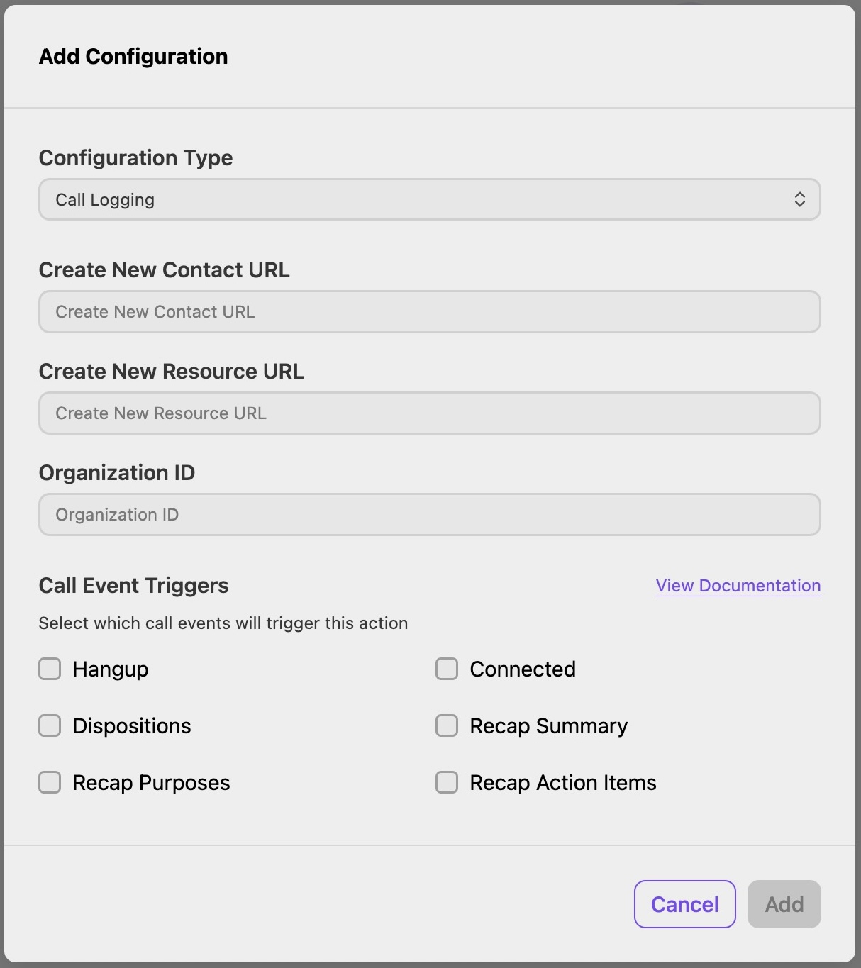 An optional configuration window appears during integration setup. This allows you to create contacts and projects during calls.