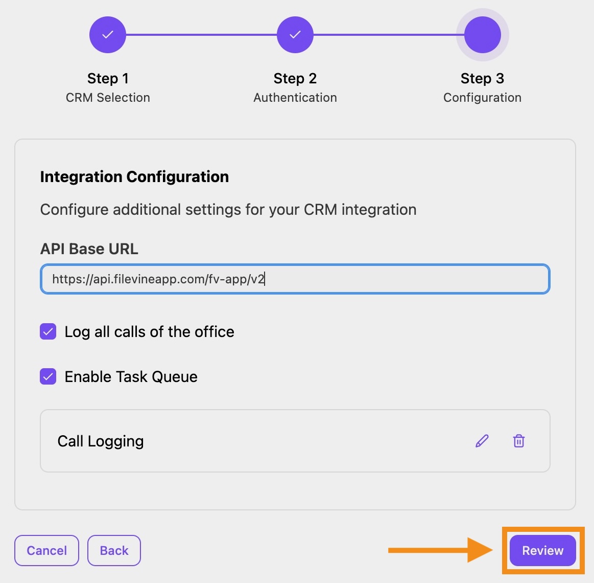 View of a completed integration setup window. The option to review and accept the settings is highlighted.