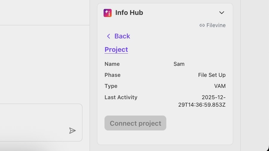 View of a project and its details during a call in the Info Hub integration.