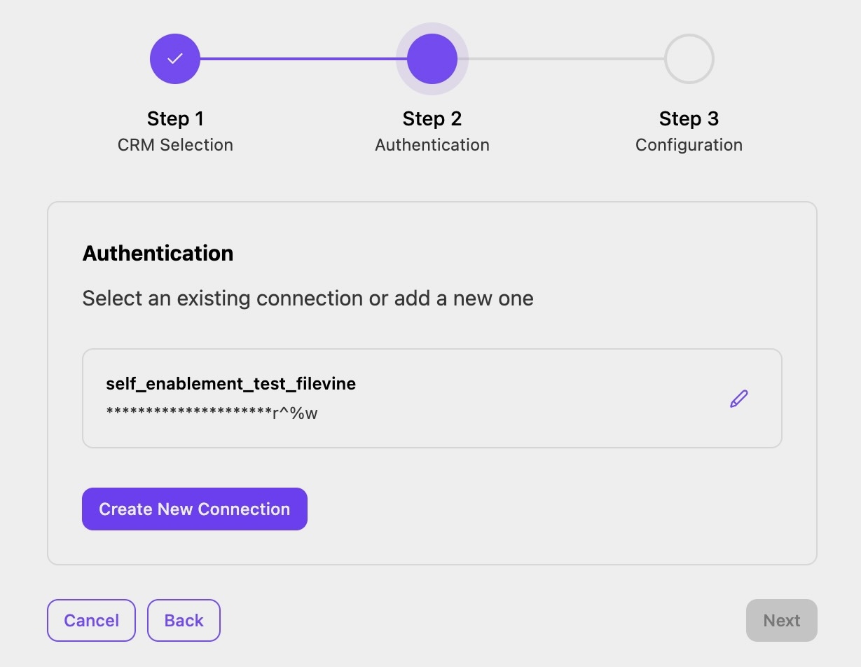 View of the Filevine integration setup window. The option to select a connection as the second step is shown.