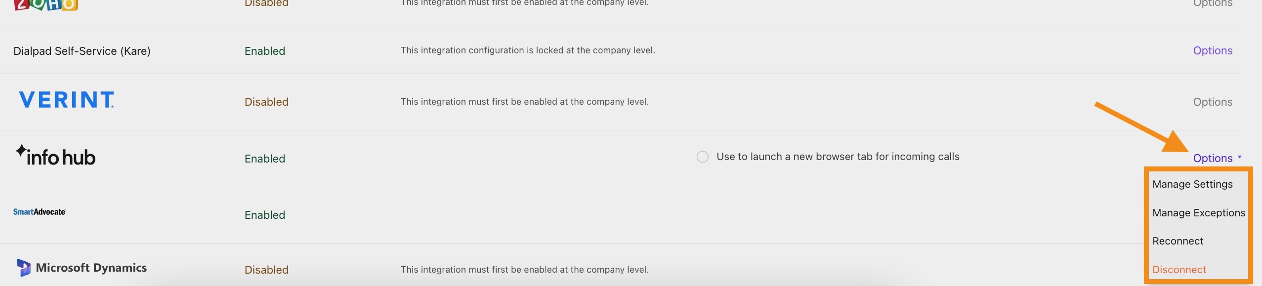 View of the Integrations page, with a list of integrations. The Info Hub options are highlighted.