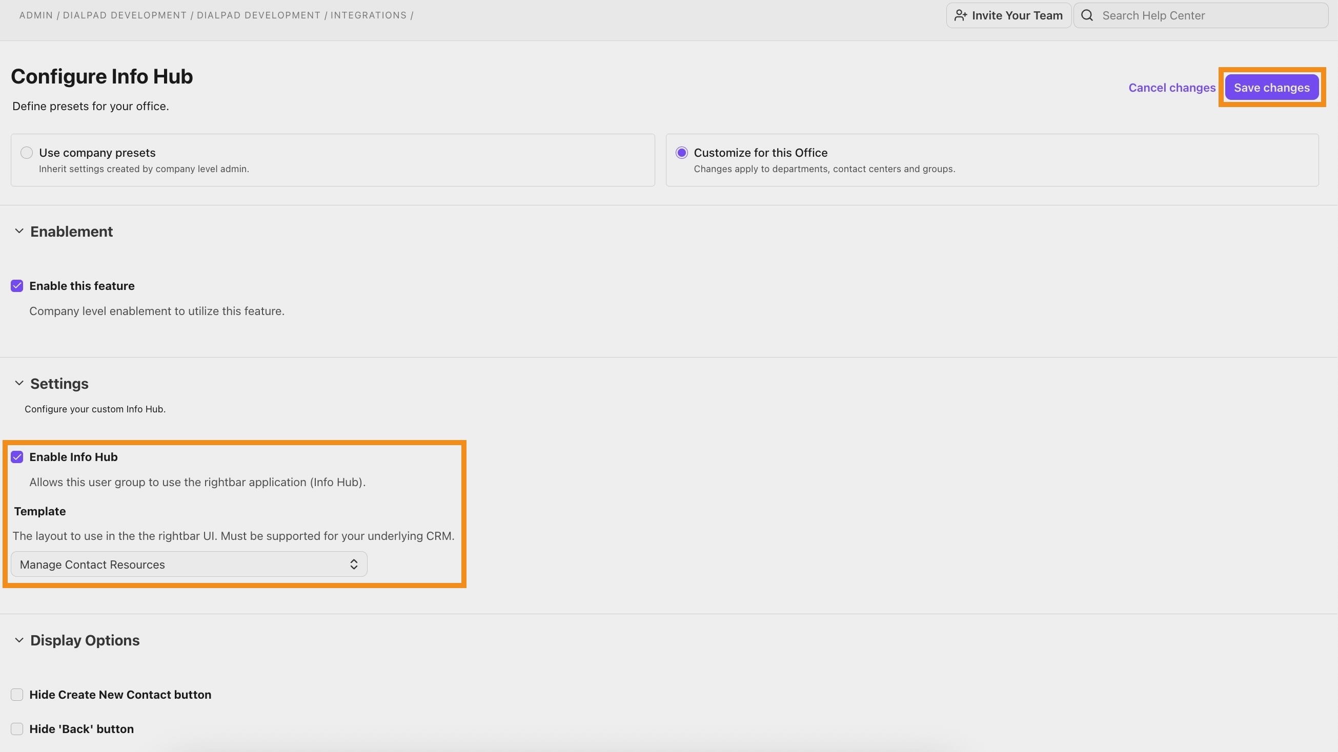 View of the Integrations page, with a list of integrations. The Info Hub options are highlighted.