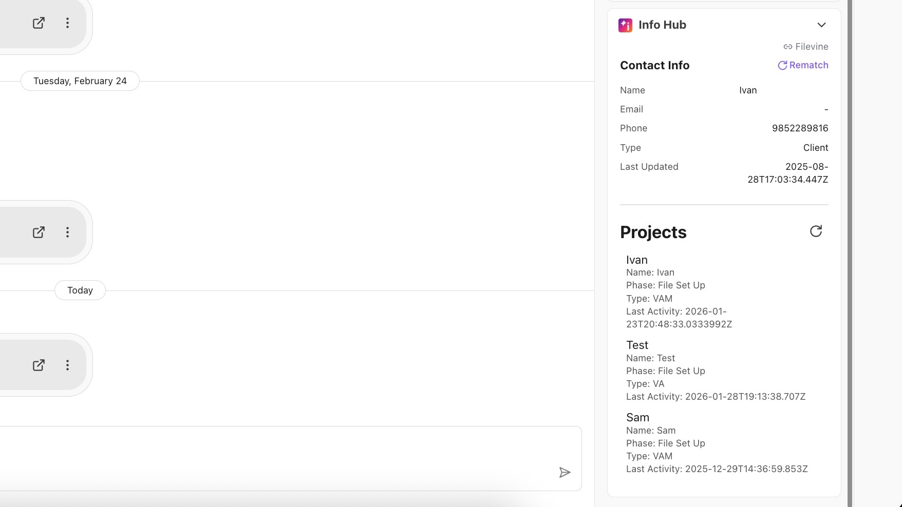 View of projects in the Info Hub integration.