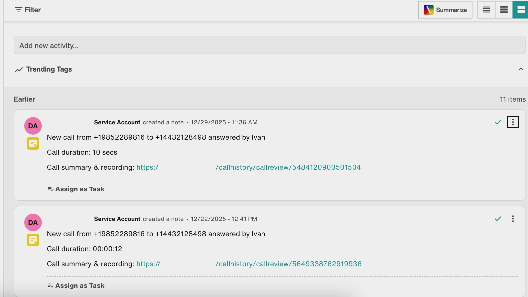 View of a call log example.