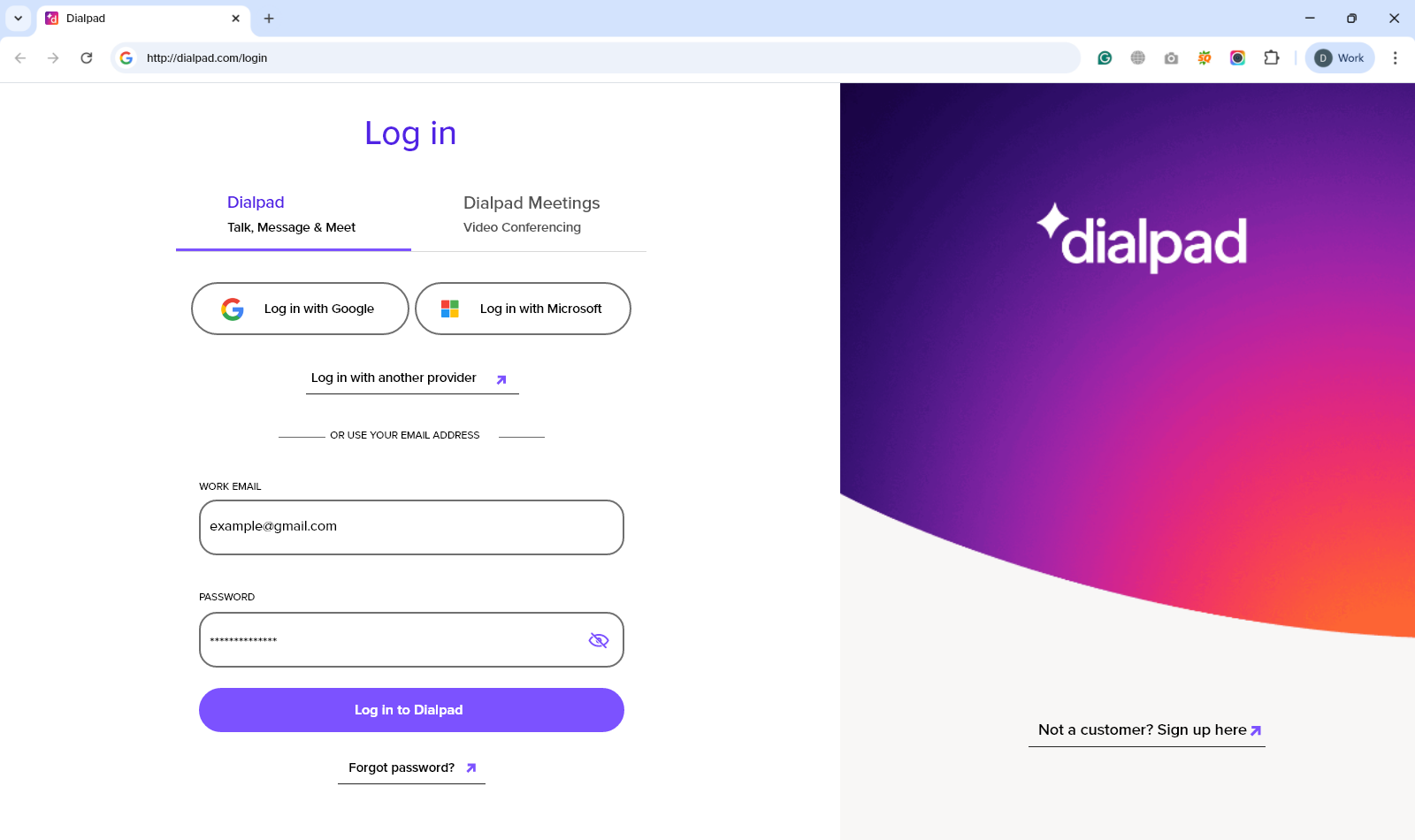 Screenshot of the Dialpad login screen, displaying input fields populated with a work email and password above the purple "Log in to Dialpad" button, alongside single sign-on options for Google and Microsoft.